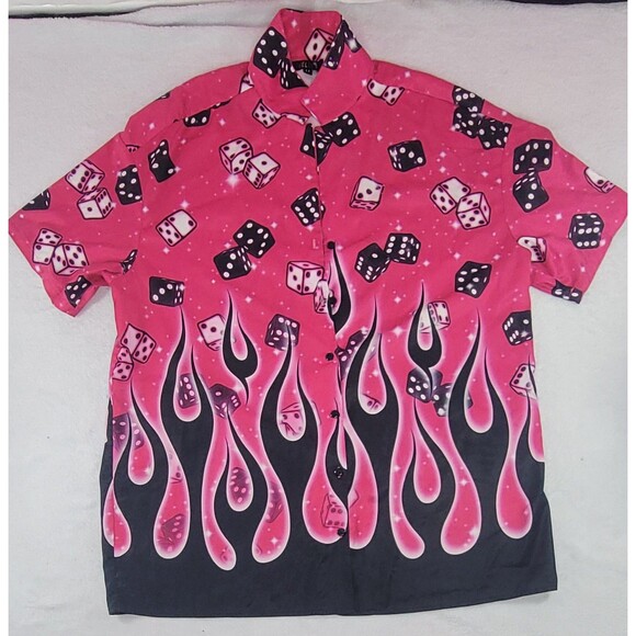 dELiA*s By Dolls Kill Loaded Dice Flames Hot Pink Oversized Shirt Size Medium - Picture 1 of 12